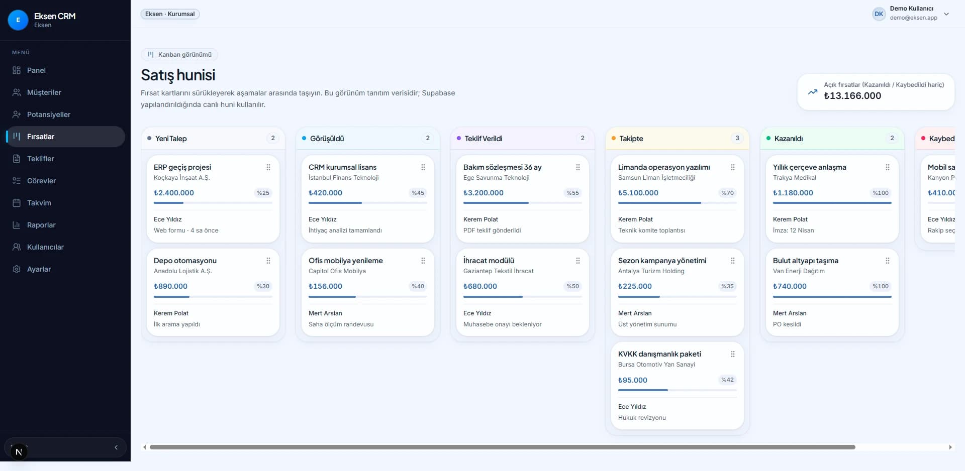 Eksen CRM müşteri ve operasyon ekranı