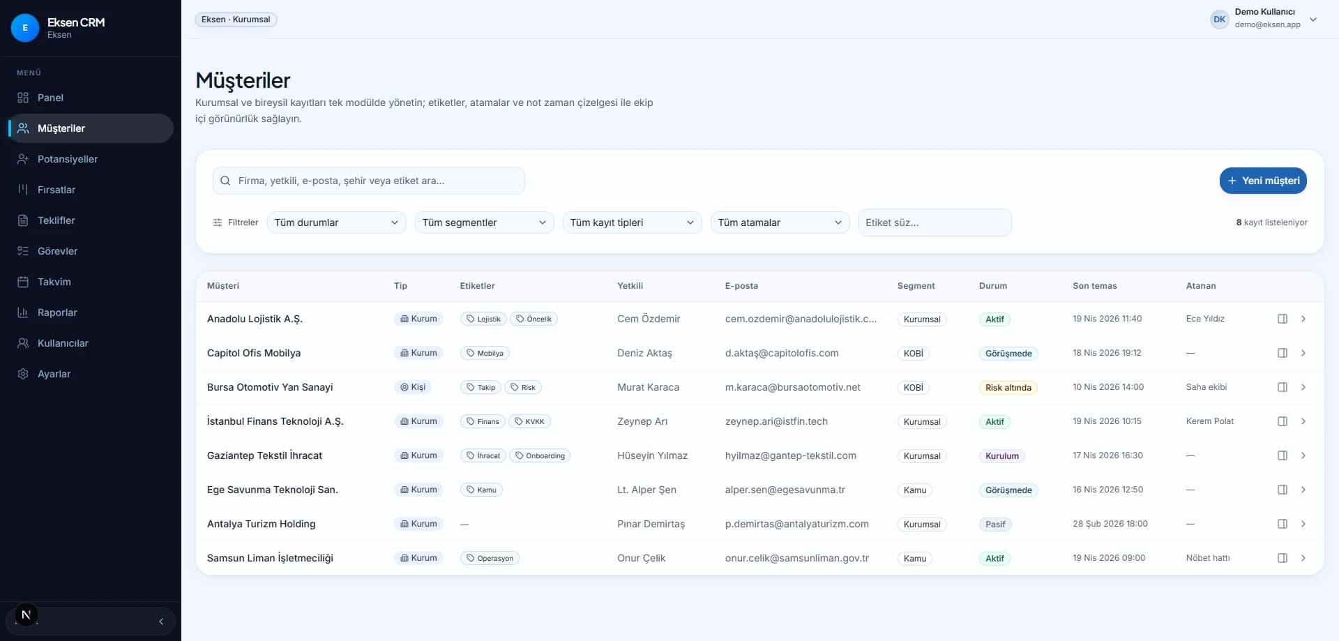 Eksen CRM satış ve görev ekranı